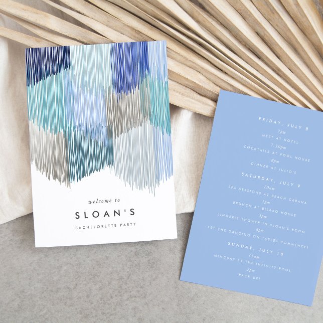 Blue Modern Fringe Bachelorette Party Itinerary Save The Date (Blue fringe bachelorette party itinerary cards.)