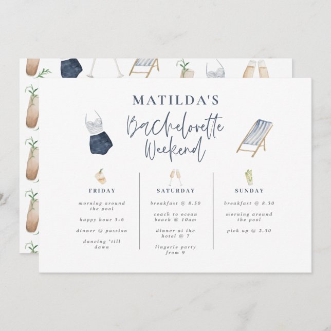 Blue modern girly bachelorette weekend itinerary (Front/Back)