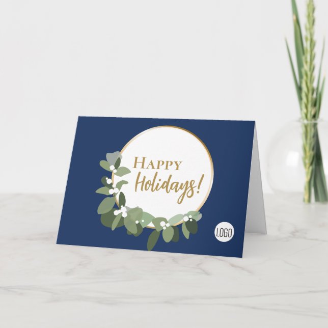 Blue Modern Gold Script Happy Holidays Custom Logo Holiday Card (Front)