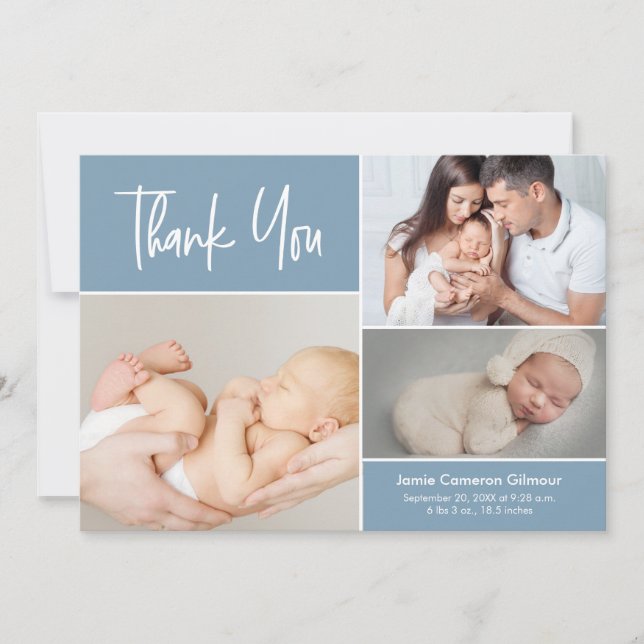 Blue Modern Handlettering Baby Photo Collage  Thank You Card (Front)