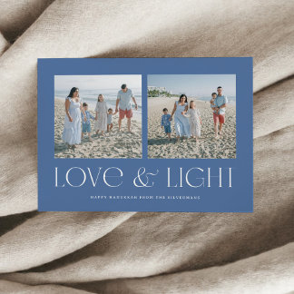Blue Modern Hanukkah Love & Light 2-Photo Holiday Card