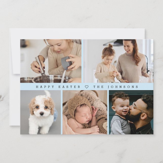 Blue Modern Happy Easter Family Photo Collage Holiday Card (Front)