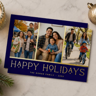 Blue Modern Happy Holidays Photo Collage Foil Holiday Card
