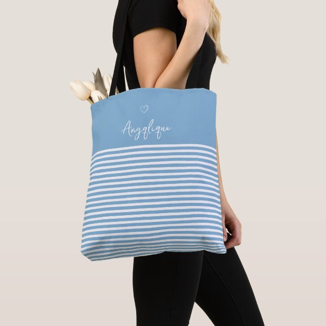 Blue Modern Heart and Stripes Monongram   Tote Bag (Close Up)
