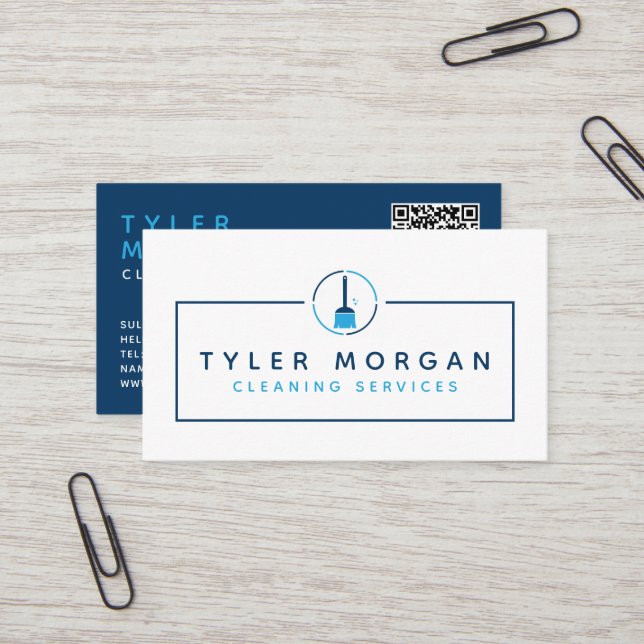 Blue Modern Logo Cleaning Services Business Card (Front/Back In Situ)