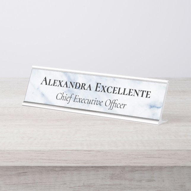 Blue Modern Marble Minimalist Custom Desk Name Plate (Front)