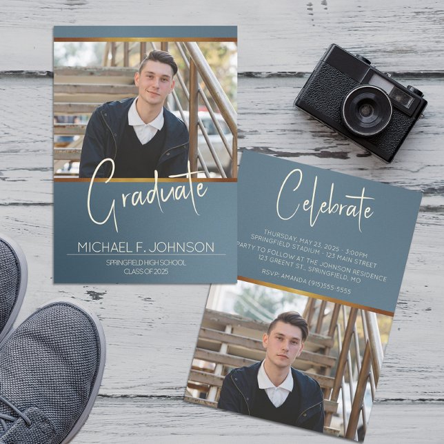 Blue Modern Masculine Photo Invitation (Creator Uploaded)