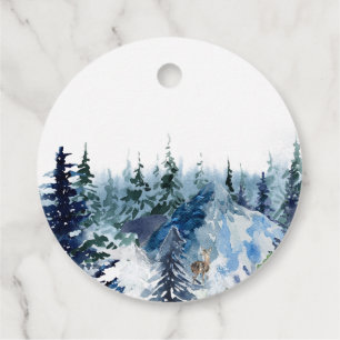 Blue Modern Merry xmas trees forest raindeer  Favour Tags