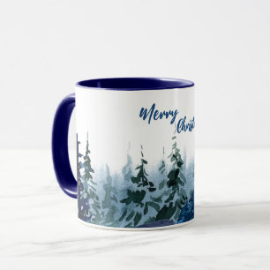 Blue Modern Merry xmas trees forest raindeer Mug