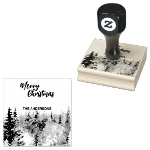 Blue Modern Merry xmas trees forest raindeer  Rubber Stamp