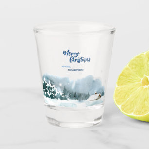 Blue Modern Merry xmas trees forest raindeer  Shot Glass