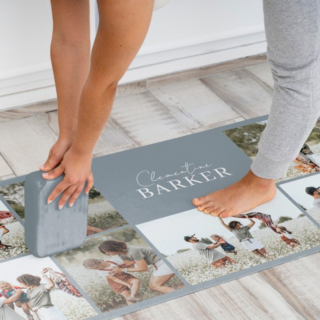 Blue modern minimal elegant multi photo collage yoga mat (Creator Uploaded)