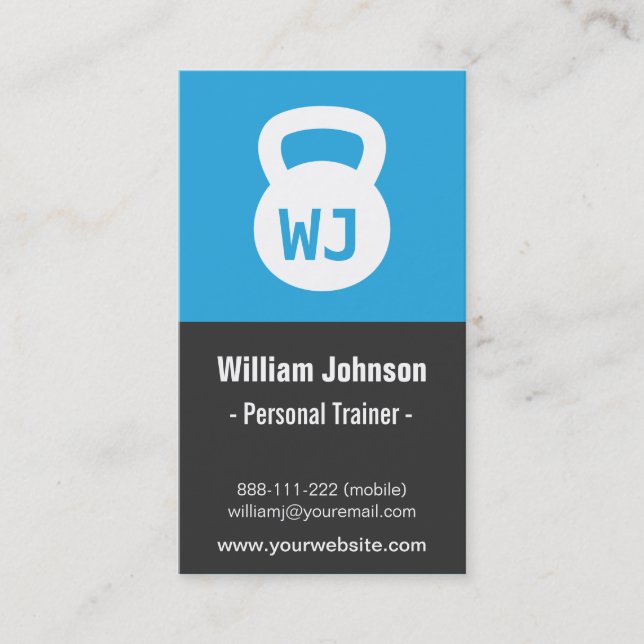 Blue Modern Minimalist Kettlebell Fitness Trainer Business Card (Front)