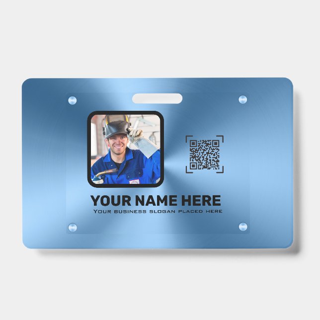 Blue modern minimalist professional photo QRcode  ID Badge (Front)