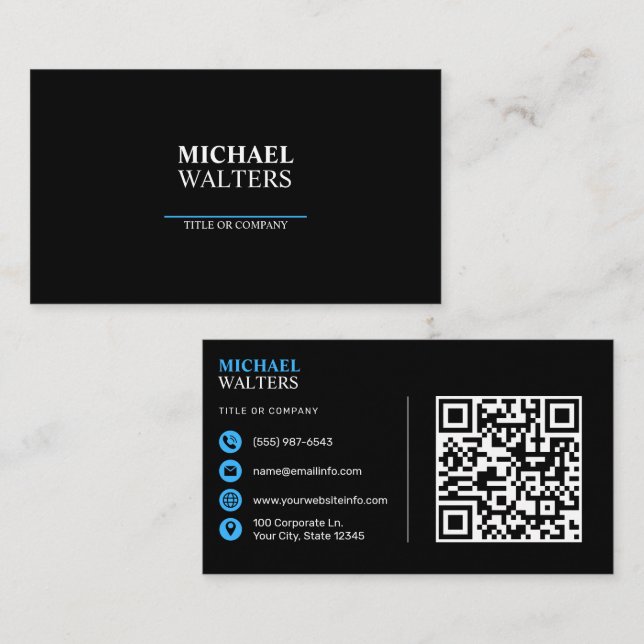 Blue Modern Minimalist Professional QR Code Black Business Card (Front/Back)