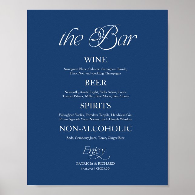 Blue Modern Minimalist "The Bar" Wedding Menu Sign (Front)