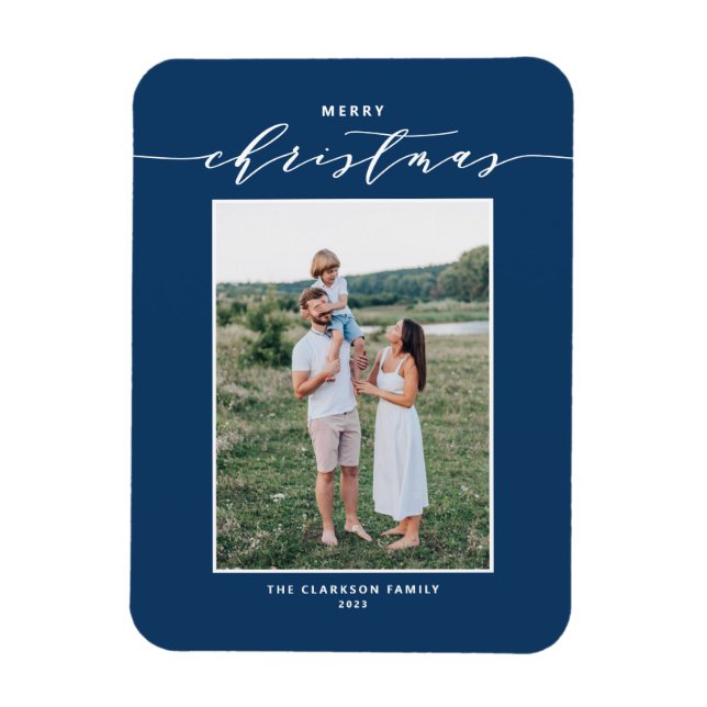 Blue Modern Mix Typography Merry Christmas Photo Magnet (Vertical)