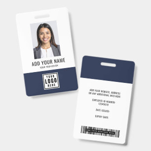 Blue Modern Monogram Logo Employee Photo Barcode ID Badge