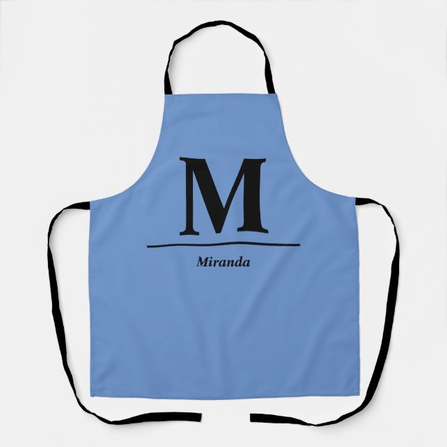 Blue modern monogram name personalised apron (Front)