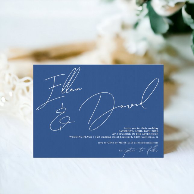 Blue Modern names script calligraphy wedding Invitation (Modern names script calligraphy blue wedding invitation on blue)