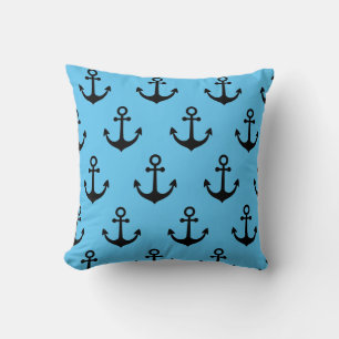 Blue Modern Nautical Black Anchor Pattern Cushion