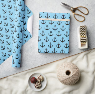 Blue Modern Nautical Black Anchor Pattern Wrapping Paper