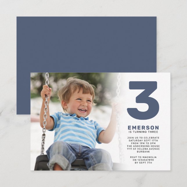Blue Modern Photo Birthday Party Invitation (Front/Back)