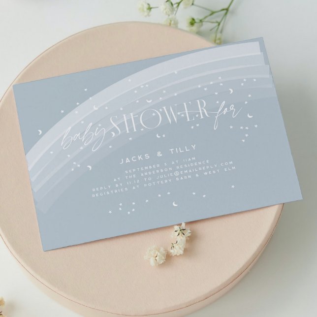 Blue Modern Rainbow and stars White Baby Shower Invitation (Creator Uploaded)