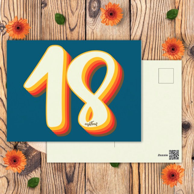 Blue Modern Retro Groovy Eighteen 18th Birthday Postcard (Front and Back)