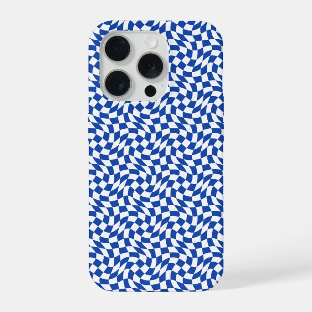 Blue modern retro swirl checkered iPhone case (Back)