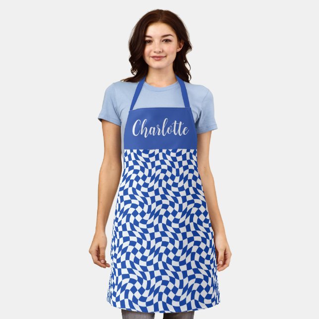 Blue modern retro swirl chequered custom name apron (Worn)