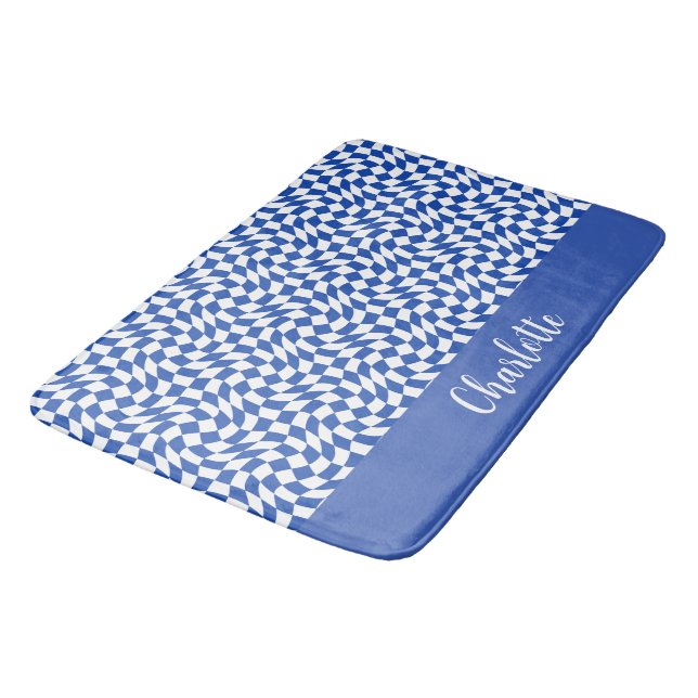 Blue modern retro swirl chequered custom name bath mat (Angled)