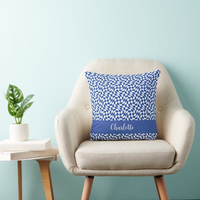 Blue modern retro swirl chequered custom name cushion (Chair)