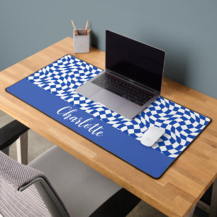 Blue modern retro swirl chequered custom name desk mat