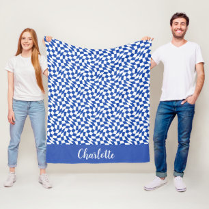 Blue modern retro swirl chequered custom name fleece blanket