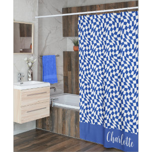 Blue modern retro swirl chequered custom name shower curtain