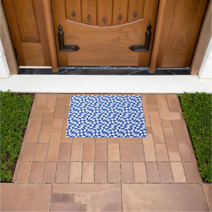 Blue modern retro swirl chequered doormat