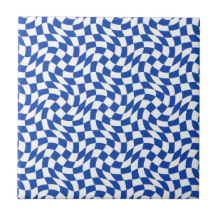 Blue modern retro swirl chequered tile