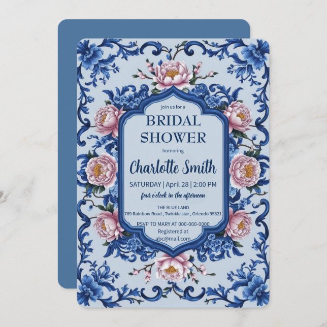 Blue Modern Rose Flower antique bridal shower Invitation (Front/Back)