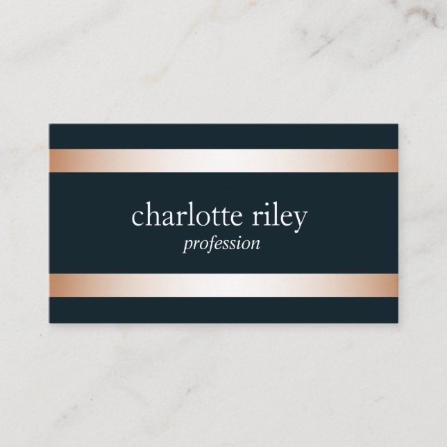 Blue | Modern Rose Gold Stripes Stylish Business Card (Front)
