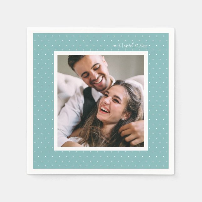 Blue Modern Script and Chic Dots Wedding Photo Napkin (Front)