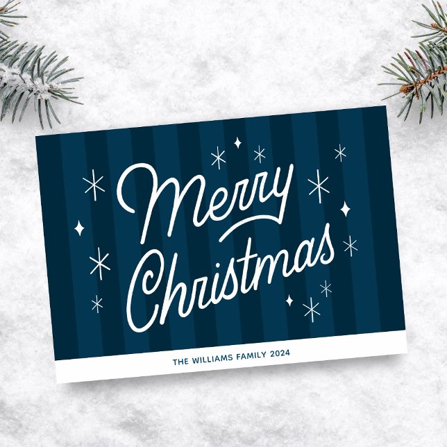 Blue Modern Script Christmas Holiday Folded Card (Beautiful Modern Merry Christmas Script Card, over navy blue background. Add Family Name and Year)