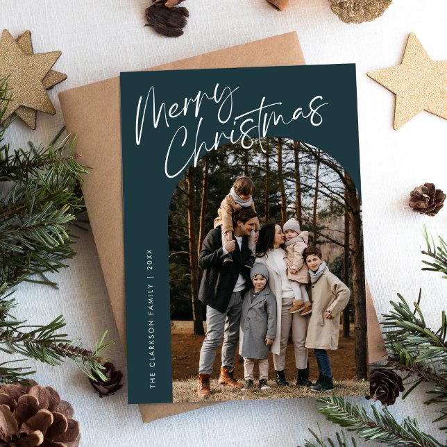 Blue Modern Script Merry Christmas Arch 2 Photo Holiday Card (Creator Uploaded)