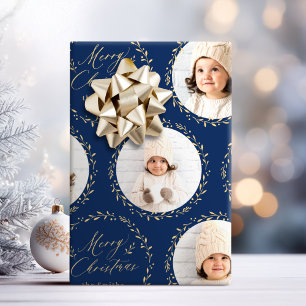 Blue Modern Script Merry Christmas Family 6 photo Wrapping Paper