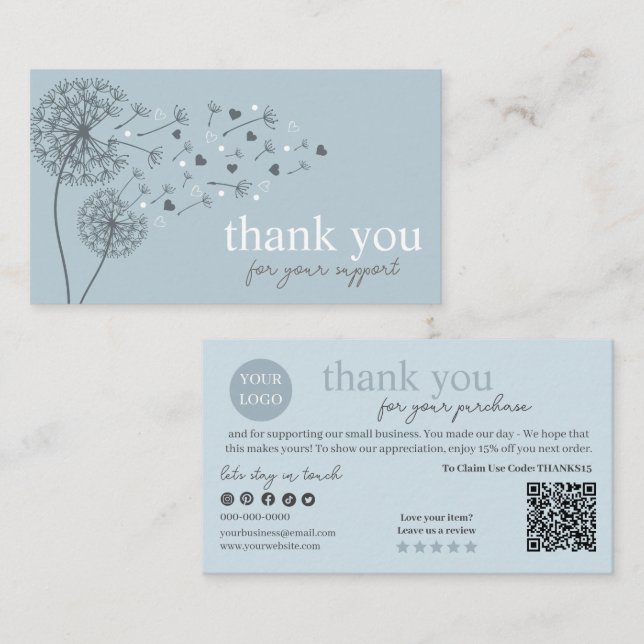Blue Modern Script QR Code, Thank You  Business Card (Front/Back)