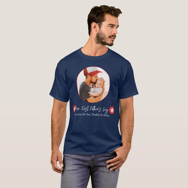 Blue Modern Simple Cute Daddy First Fathers Day T-Shirt (Front Full)