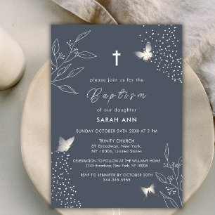Blue Modern Simple Leaves Butterfly Cross Baptism Invitation