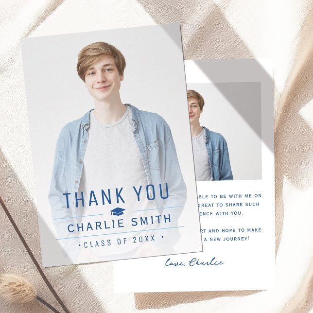Blue Modern Simple Typography Photo Graduation  Thank You Card (Blue Modern Simple Typography Photo Graduation Thank You Card)