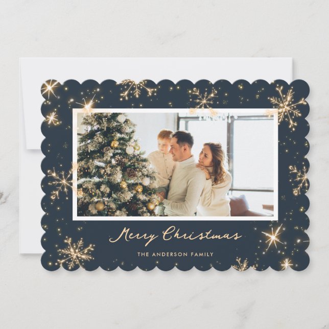 Blue Modern Snowflake Photo Merry Christmas Card (Front)