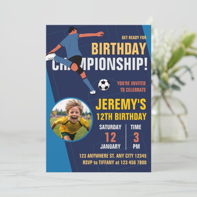 Blue Modern Soccer Kids Birthday Championship Invitation (Standing Front)
